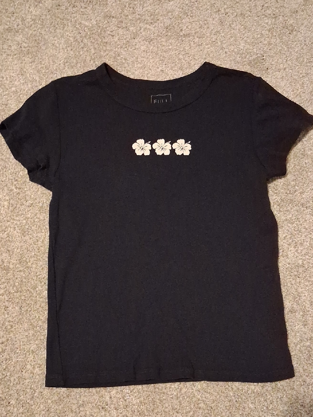 Navy Blue Crewneck Tee with White Floral Print -